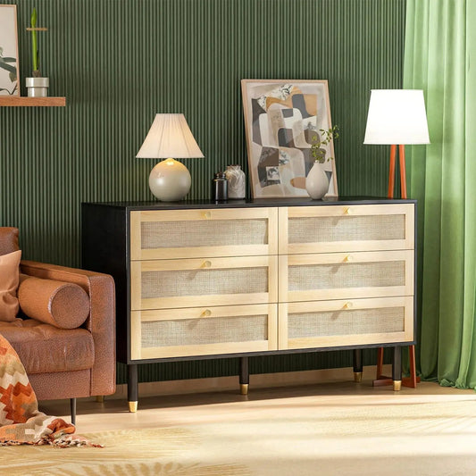 Clark Rattan Wide Black 6 Drawer Chest Dresser