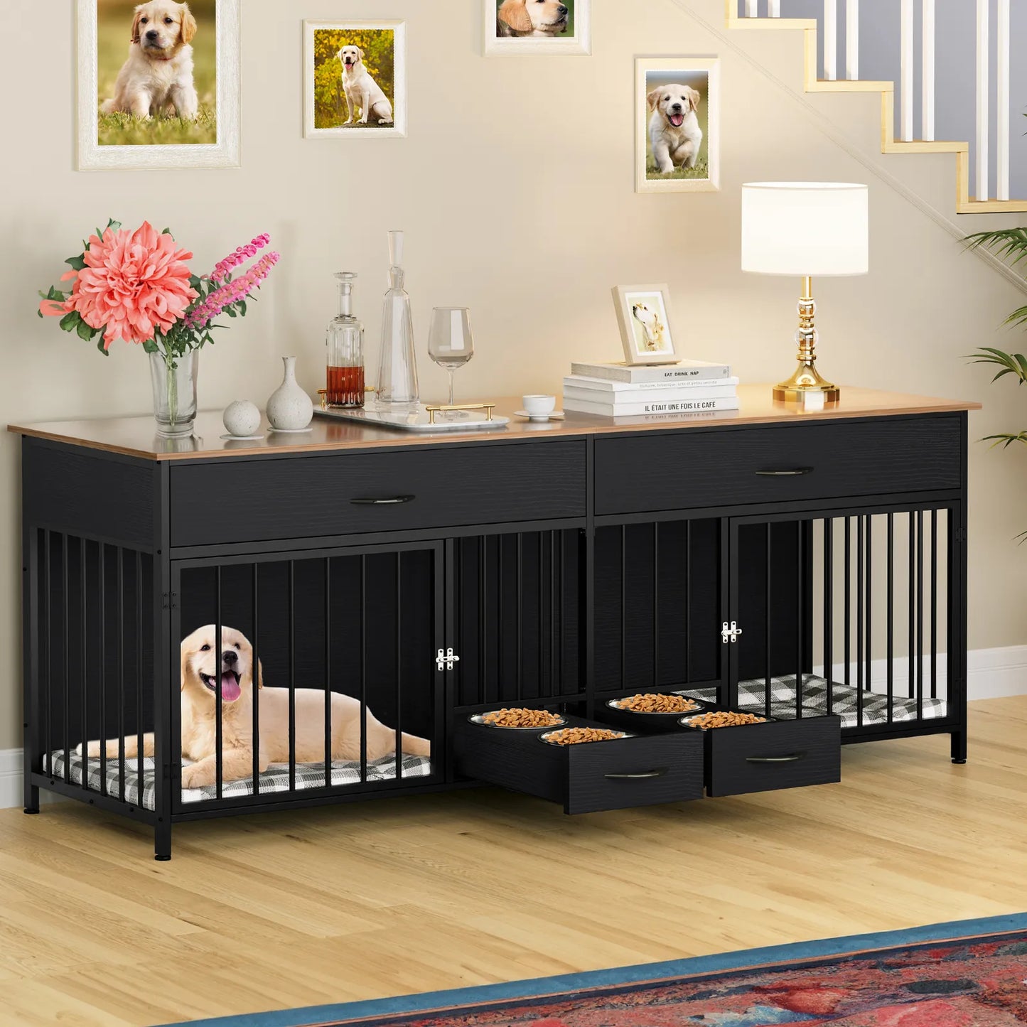 74.8" Lilli Double Dog Crate Furniture For 2 Dogs With Bowl