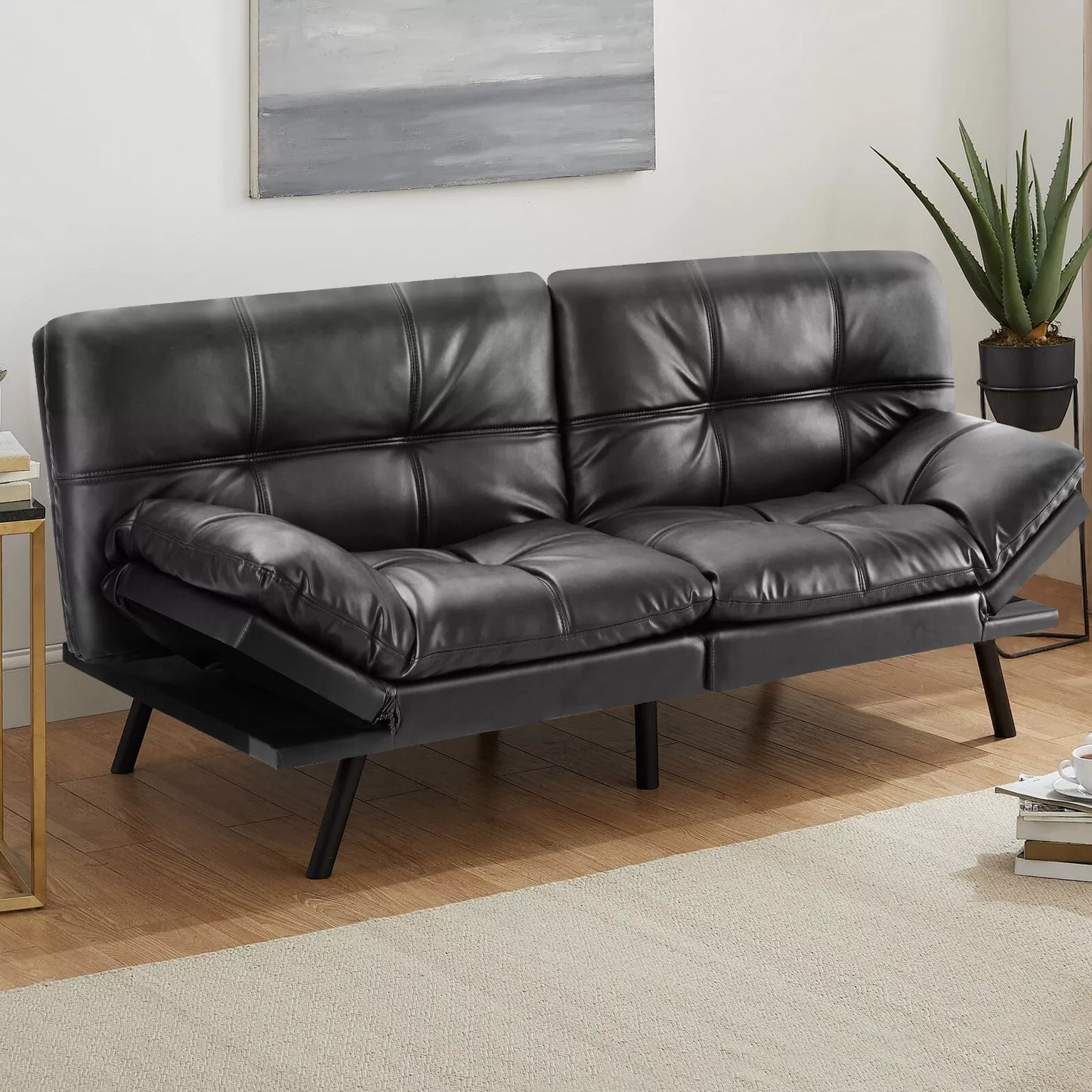 Vintage Leather Convertible Futon Sofa Bed