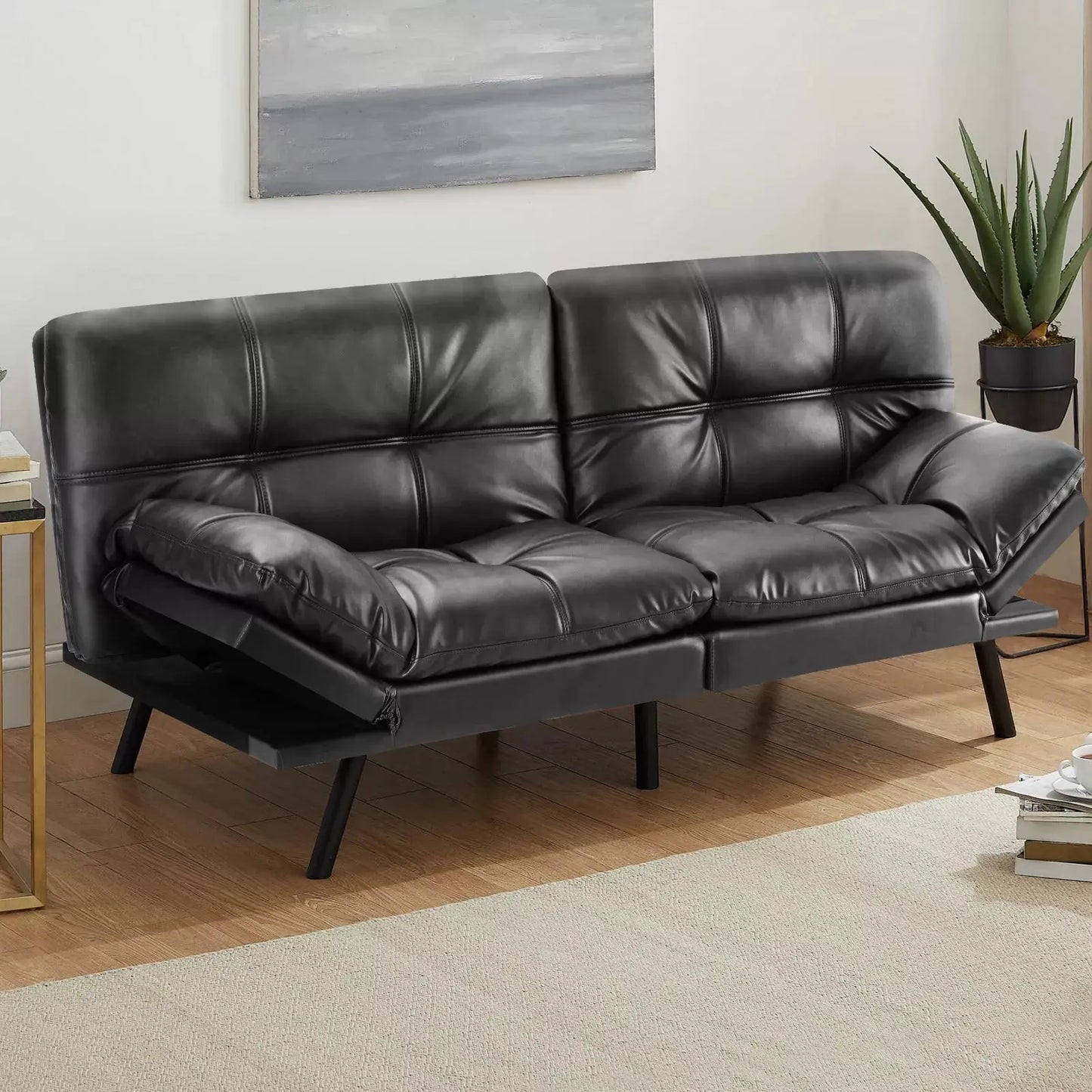 Vintage Leather Convertible Futon Sofa Bed Canva Home
