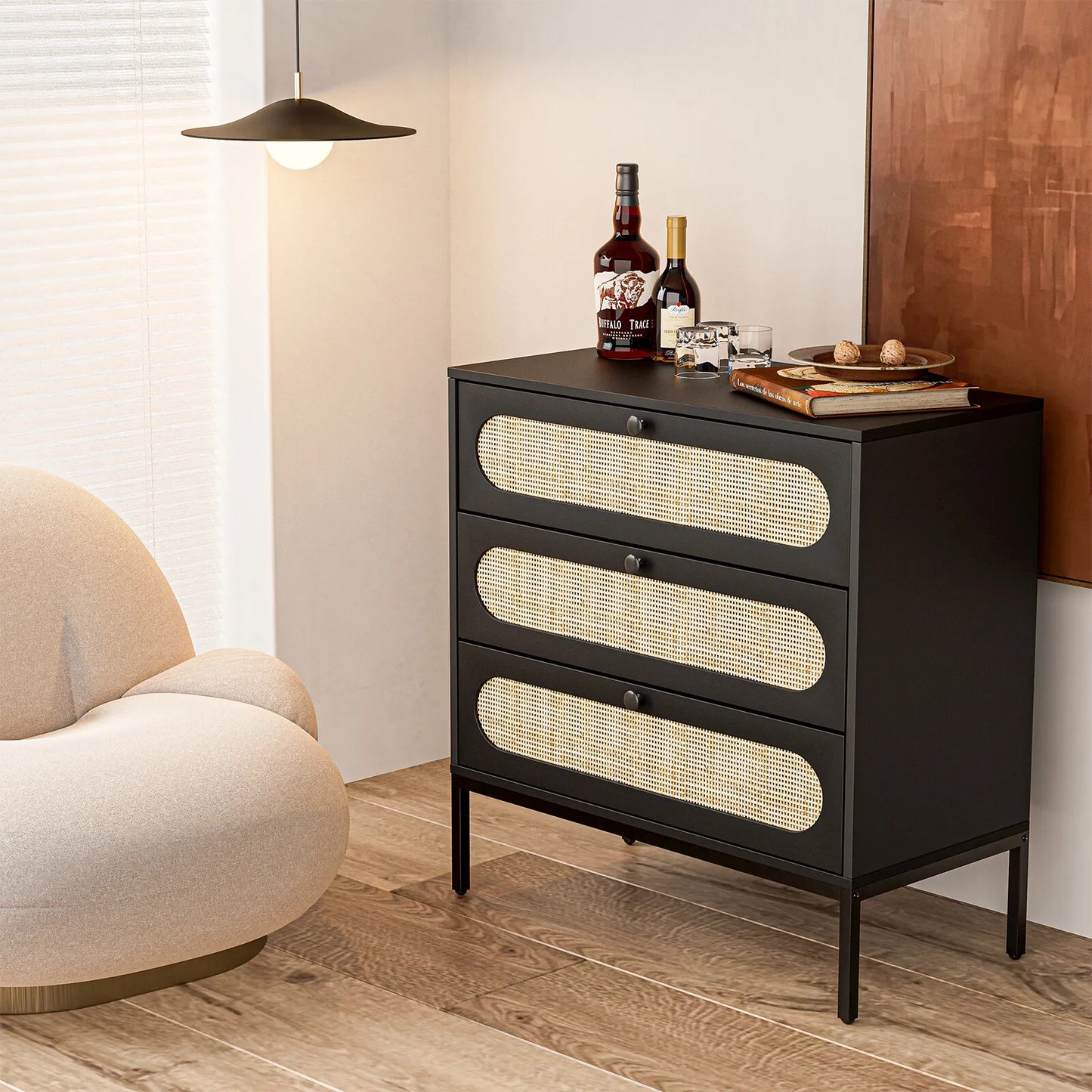 Alys Rattan Black Small 3 Drawer Chest Dresser