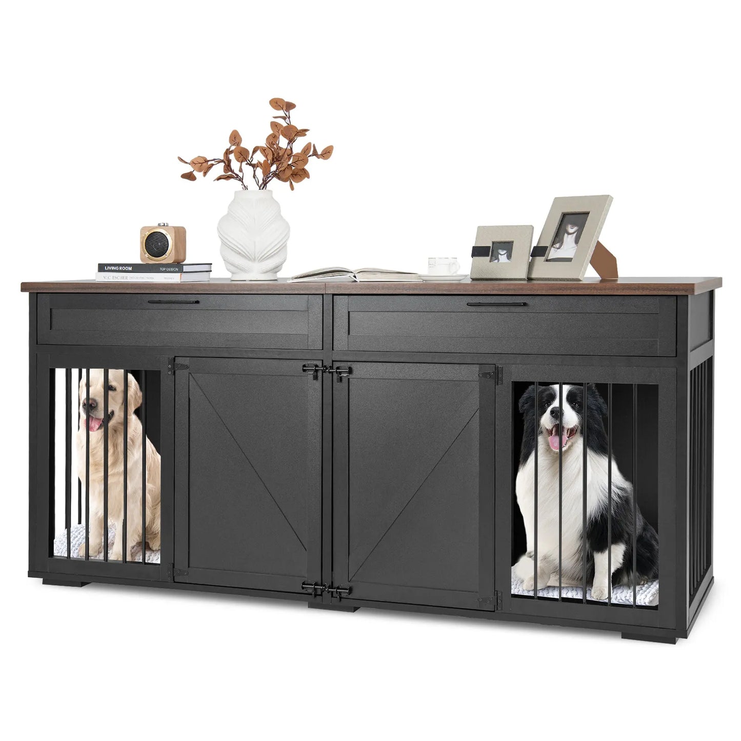 72" Farmhouse Double Dog Crate Furniture For 2 Dogs