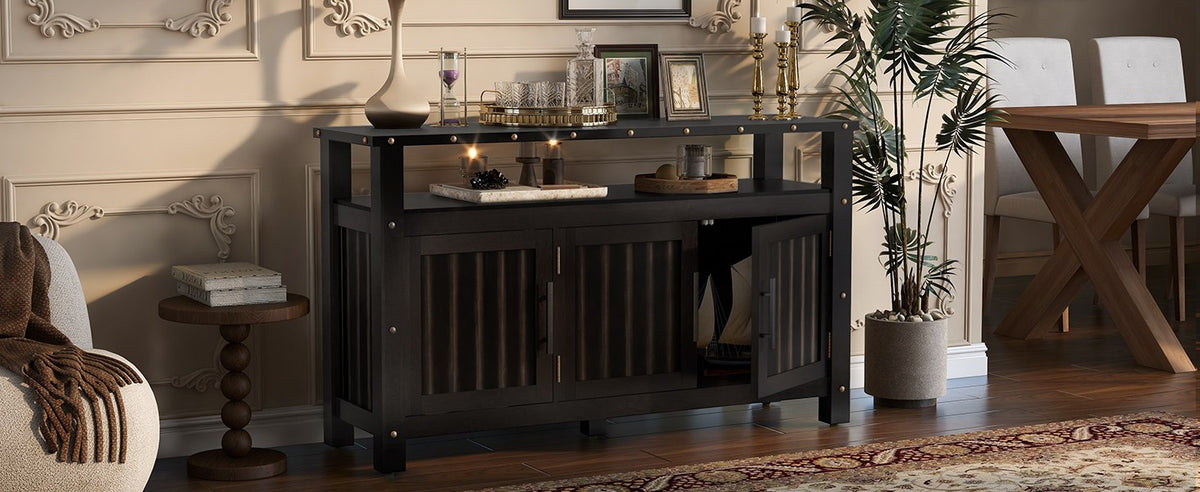 Black pine wood buffet cabinet with 3 slatted doors