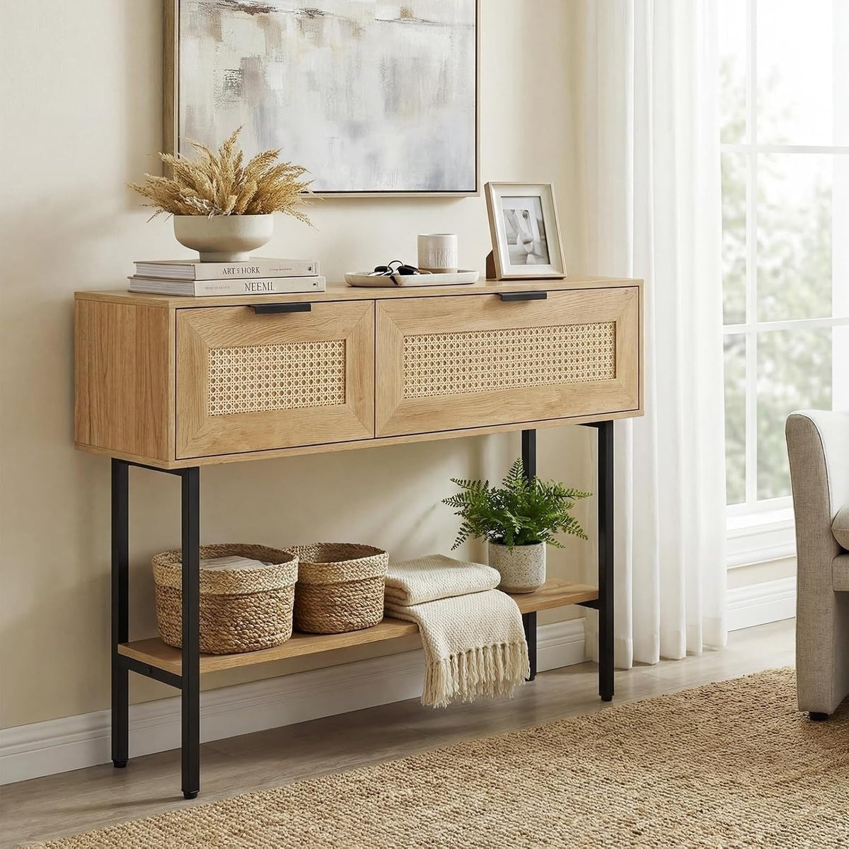 Lara rattan console table styled in a living room