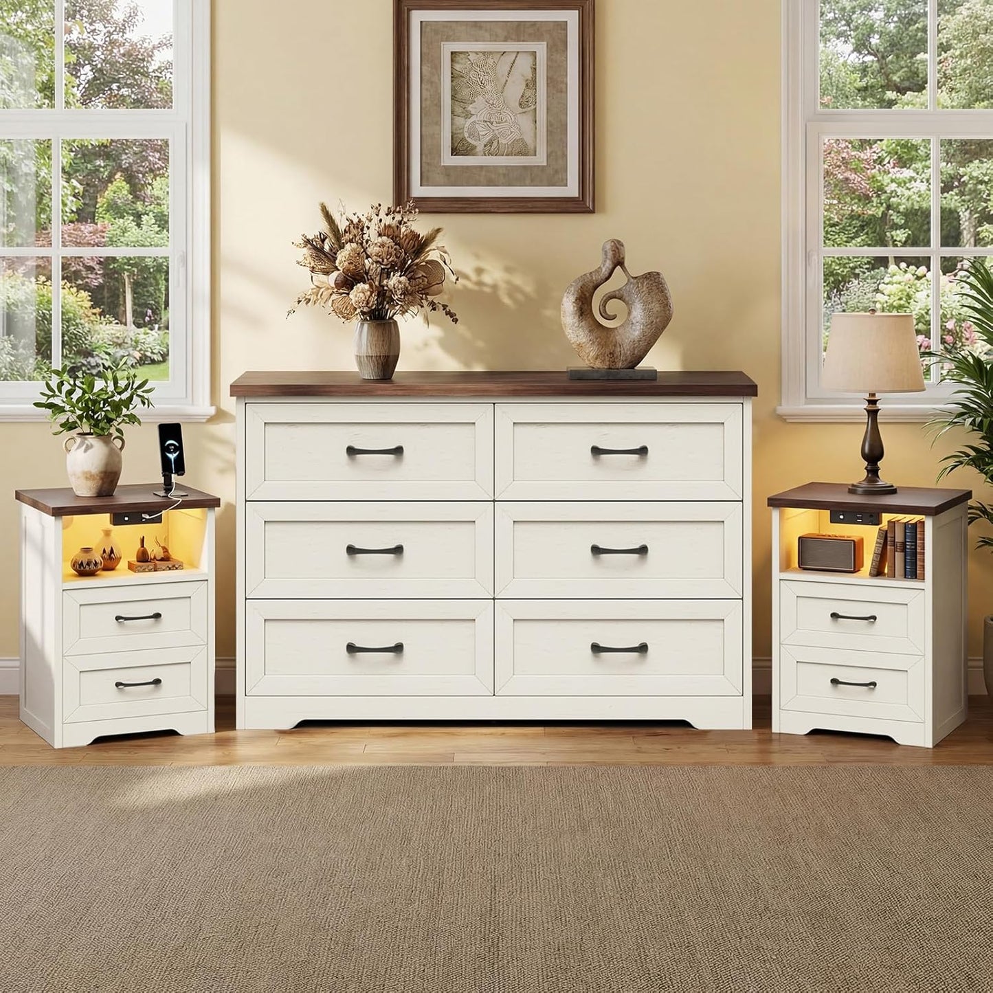 Ara 3-Piece Bedroom Set – 47" Wide 6-Drawer Dresser + 2 Farmhouse Nightstands with 2 Drawers