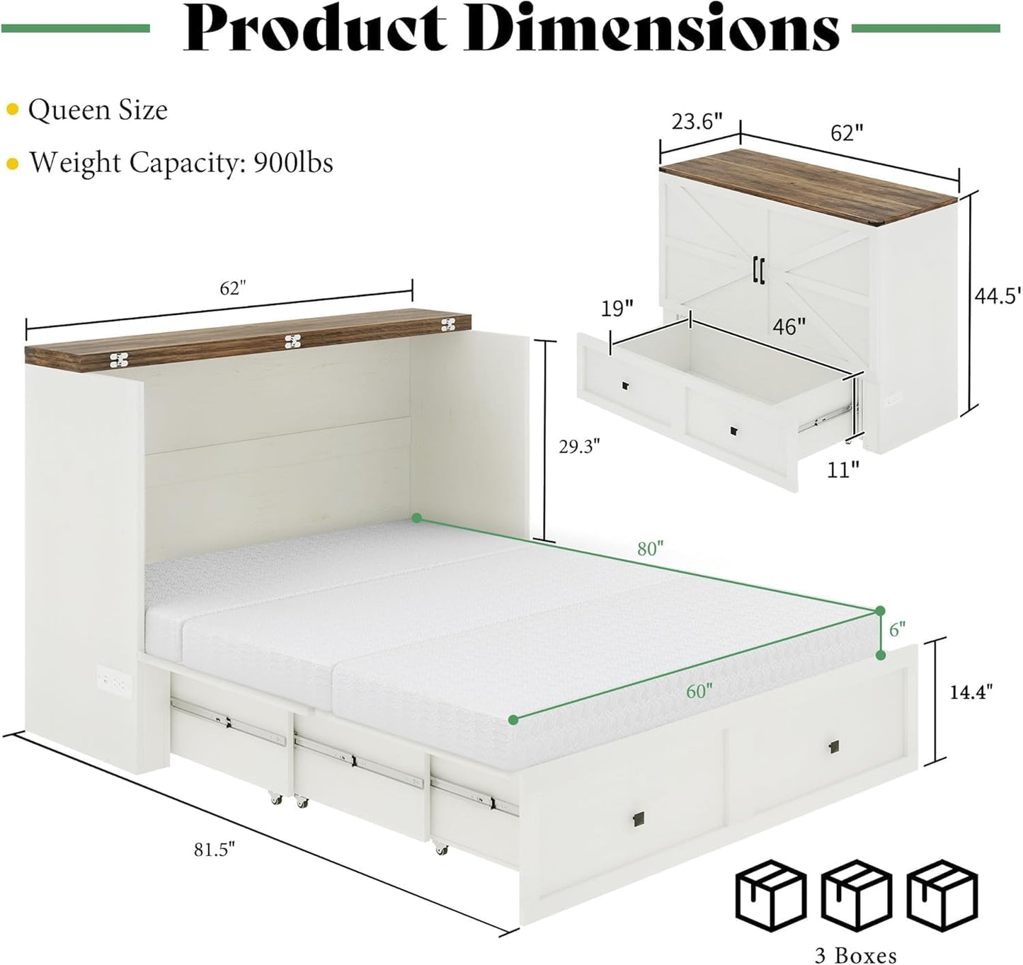 Queen Murphy Bed with 6" Tri-Fold Memory Foam Mattress