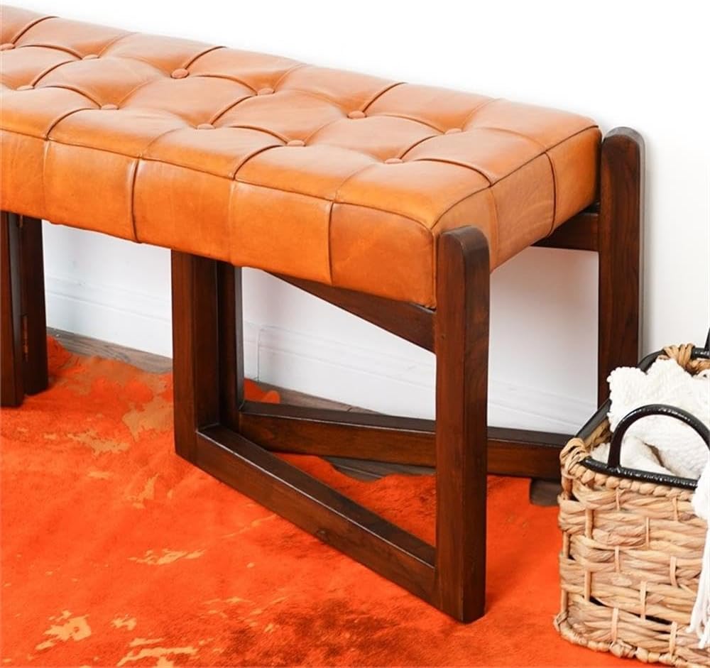 Pearland Mid-Century Modern Upholstered Leather Bench in Tan