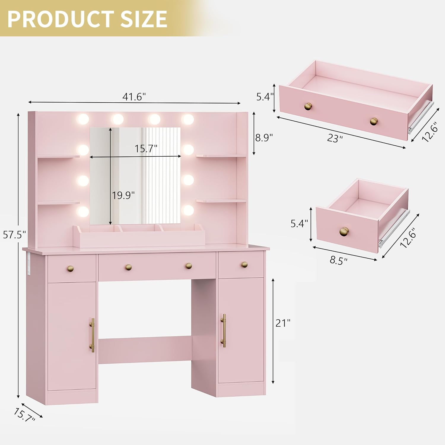 Pink 43'' Makeup Dressing Table Set with 5 Drawers - Canva Home