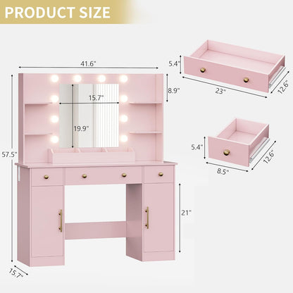 Pink 43'' Makeup Dressing Table Set with 5 Drawers - Canva Home