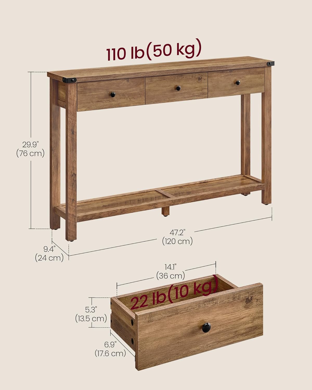 Narrow Entryway Table with 3 Drawers