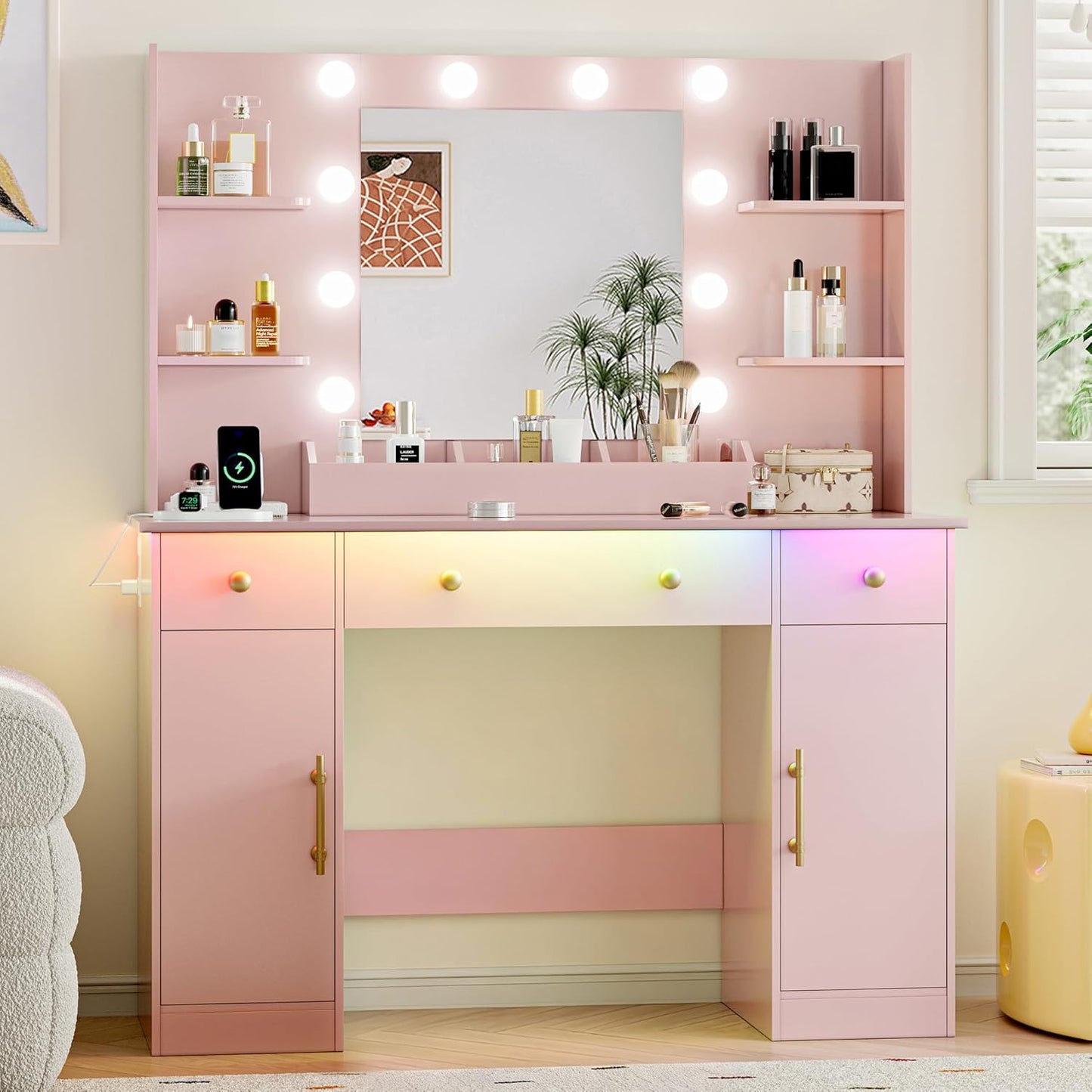 Pink 43'' Makeup Dressing Table Set with 5 Drawers - Canva Home