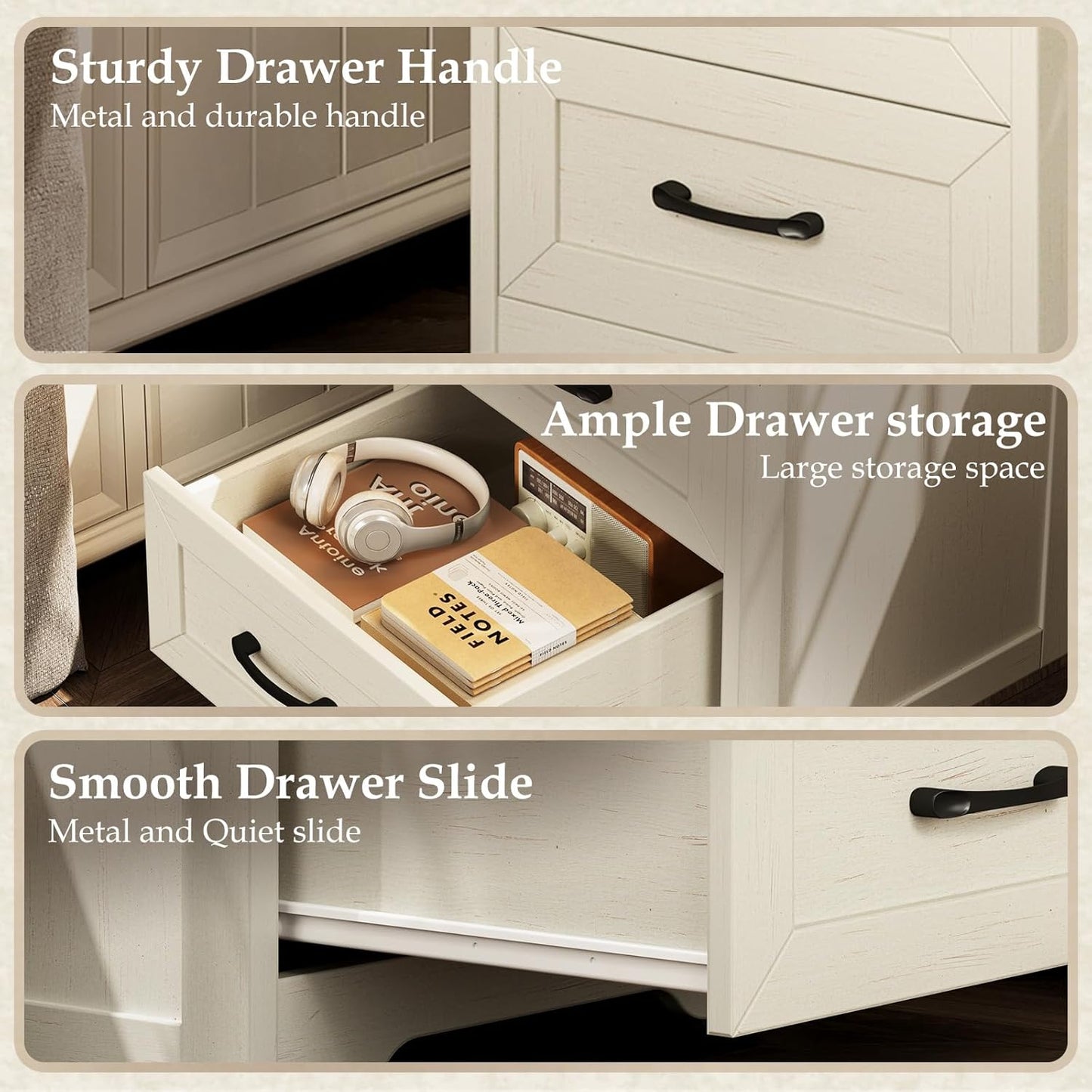 Ara 3-Piece Bedroom Set – 47" Wide 6-Drawer Dresser + 2 Farmhouse Nightstands with 2 Drawers