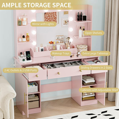Pink 43'' Makeup Dressing Table Set with 5 Drawers - Canva Home