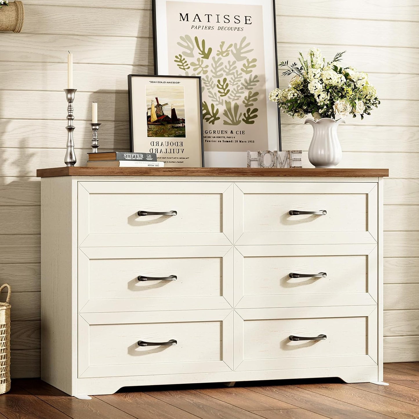 Ara 3-Piece Bedroom Set – 47" Wide 6-Drawer Dresser + 2 Farmhouse Nightstands with 2 Drawers