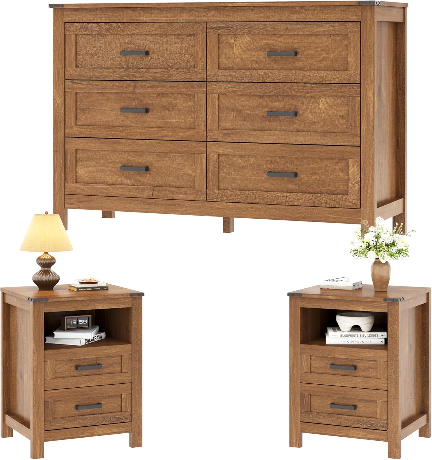 EazeHome 3-Piece Bedroom Set – 6-Drawer Dresser & Set of 2 Nightstands
