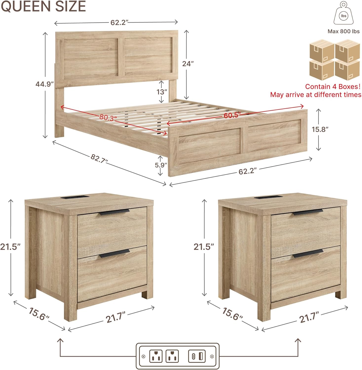 3 Pieces Bedroom Set, Queen Size Wood Platform Bed Frame and 2 Nightstands - Canva Home