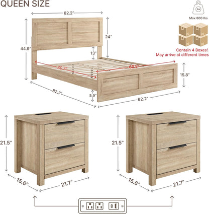 3 Pieces Bedroom Set, Queen Size Wood Platform Bed Frame and 2 Nightstands - Canva Home