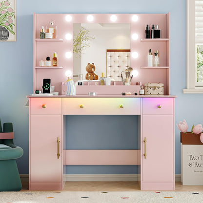 Pink 43'' Makeup Dressing Table Set with 5 Drawers - Canva Home