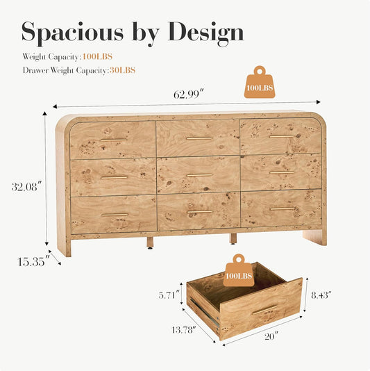 63" Ellie Curved 9-Drawer Dresser - Canva Home