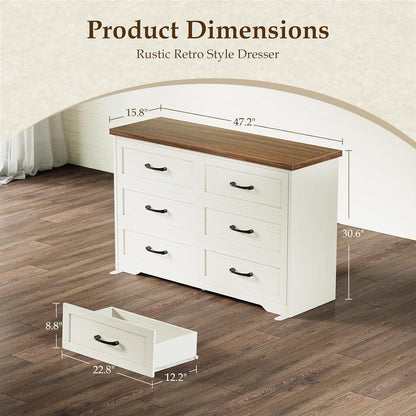 Ara 3-Piece Bedroom Set – 47" Wide 6-Drawer Dresser + 2 Farmhouse Nightstands with 2 Drawers