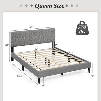 Aurelia Queen Upholstered Platform Bed Frame with Geometric Headboard