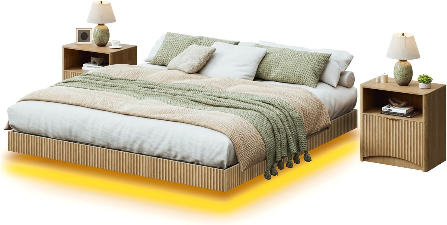 Floating Bed Frame Led Lights with 2 Nightstands - Canva Home