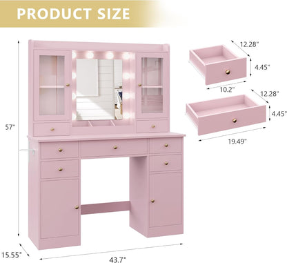 Pink Makeup Vanity Desk with Mirror and Lights - Canva Home