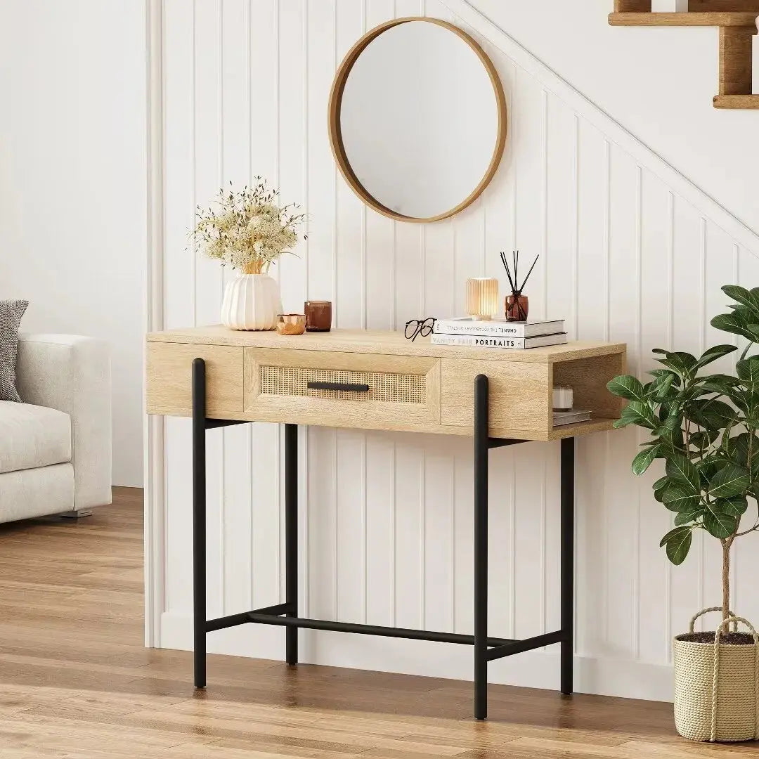 Lara Rattan Narrow Entryway Table With Storage Canva Home