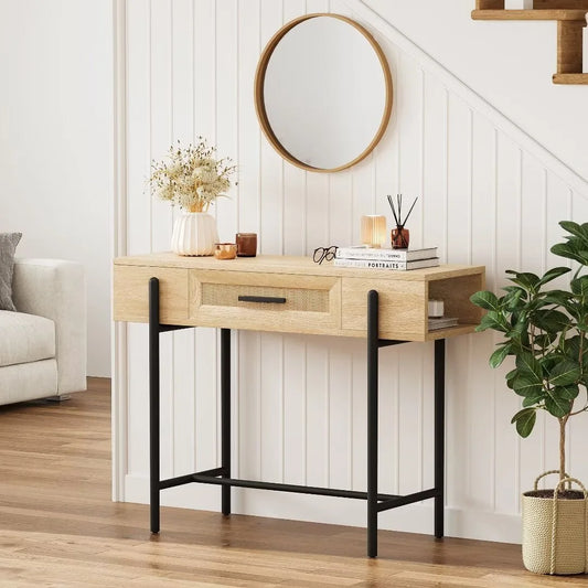 Lara Rattan Narrow Entryway Table With Storage