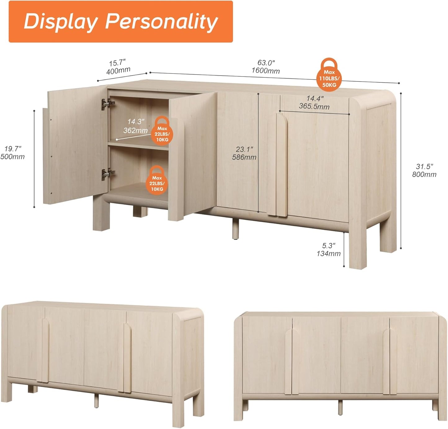63" W Large Buffet Sideboard Cabinet