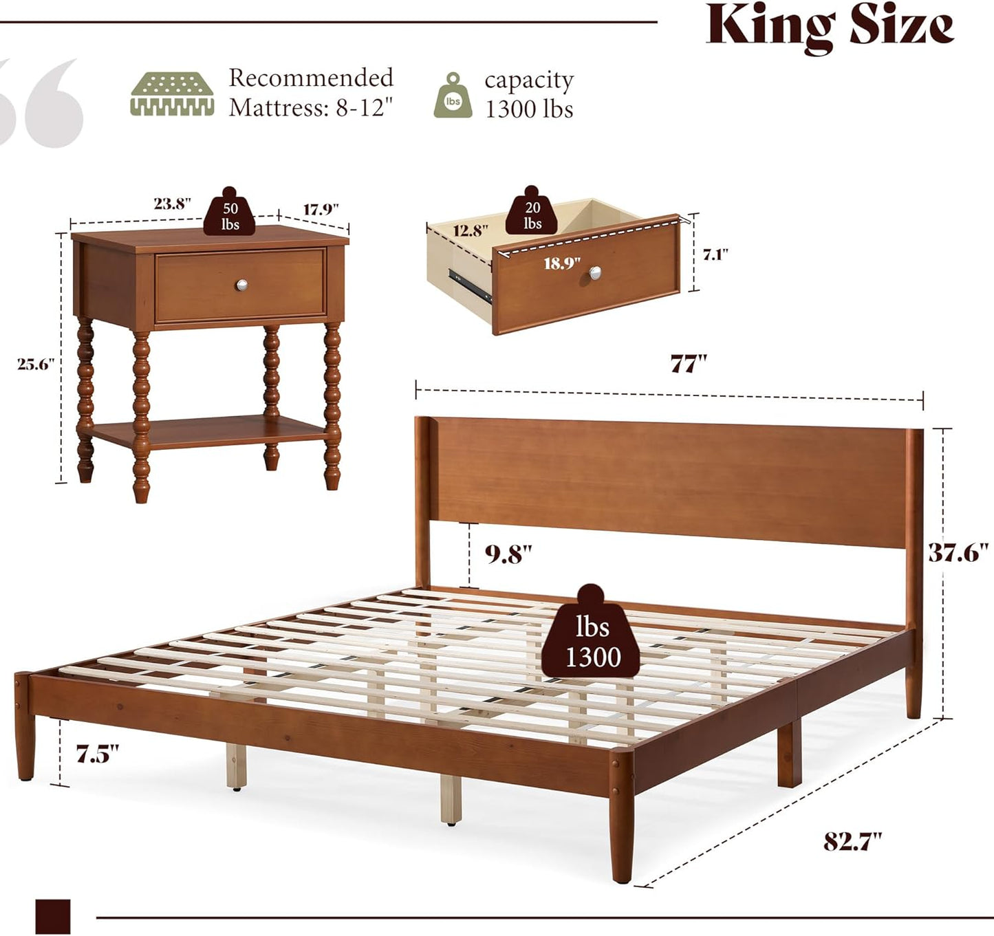Solid Wood King Platform Bed with Headboard & 2 Nightstands