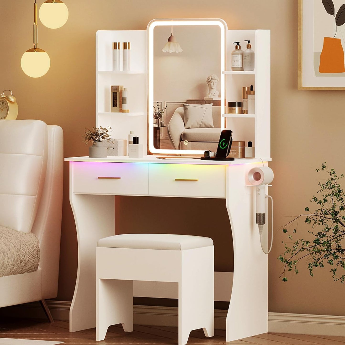 Vanity Desk with LED Lights Mirror - Canva Home