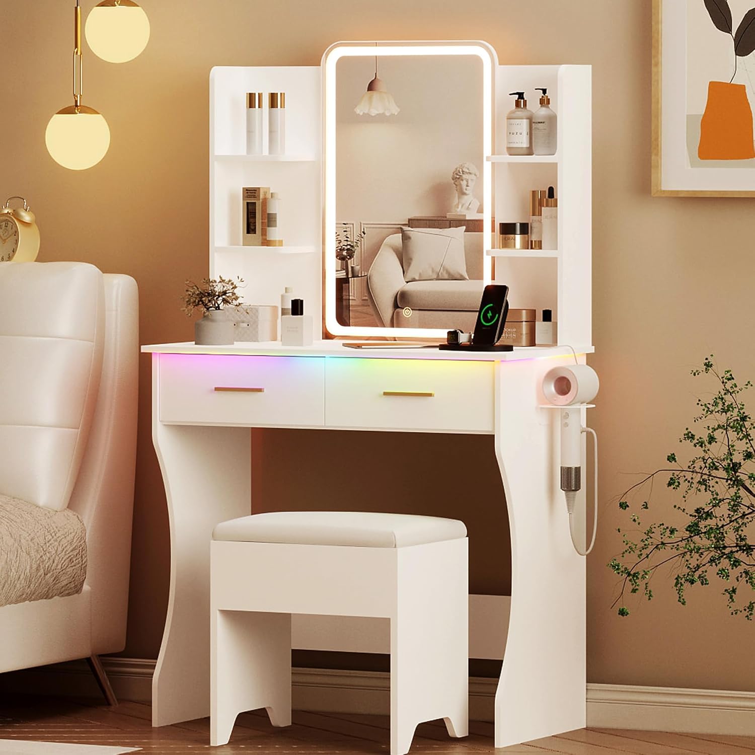Vanity Desk with LED Lights Mirror - Canva Home