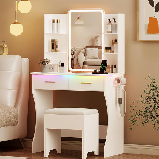 Vanity Desk with LED Lights Mirror - Canva Home