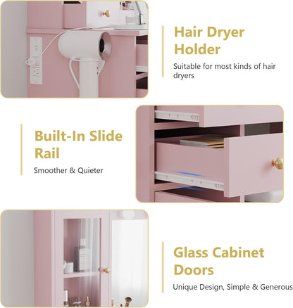 Pink Makeup Vanity Desk with Mirror and Lights - Canva Home