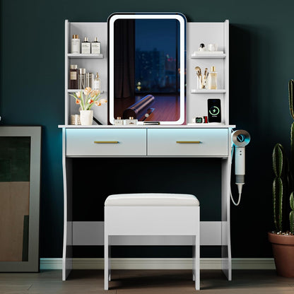 Vanity Desk with LED Lights Mirror - Canva Home