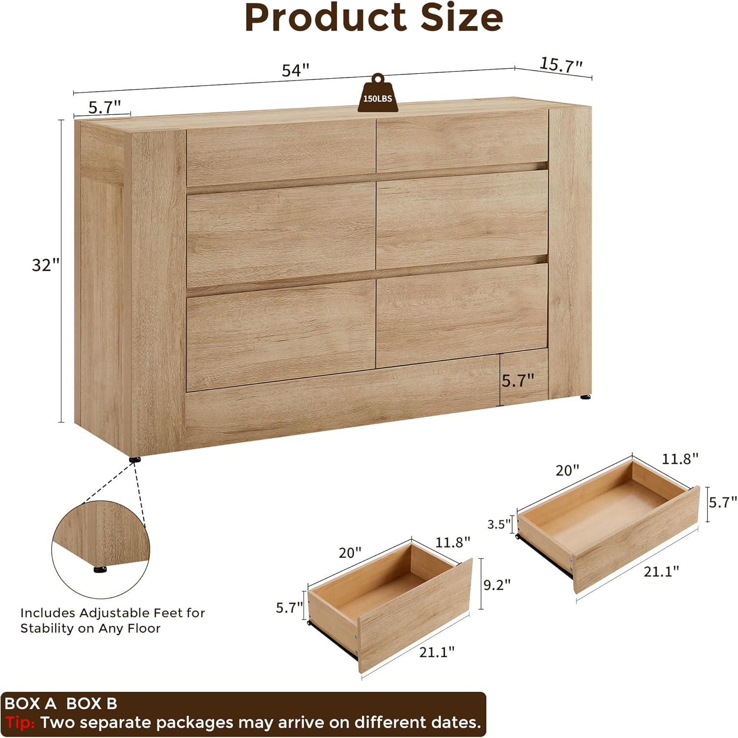 Modern 6 Drawers Dresser, 54” Wide Chest of Drawers with Handleless - Canva Home