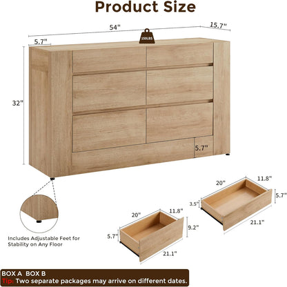 Modern 6 Drawers Dresser, 54” Wide Chest of Drawers with Handleless - Canva Home