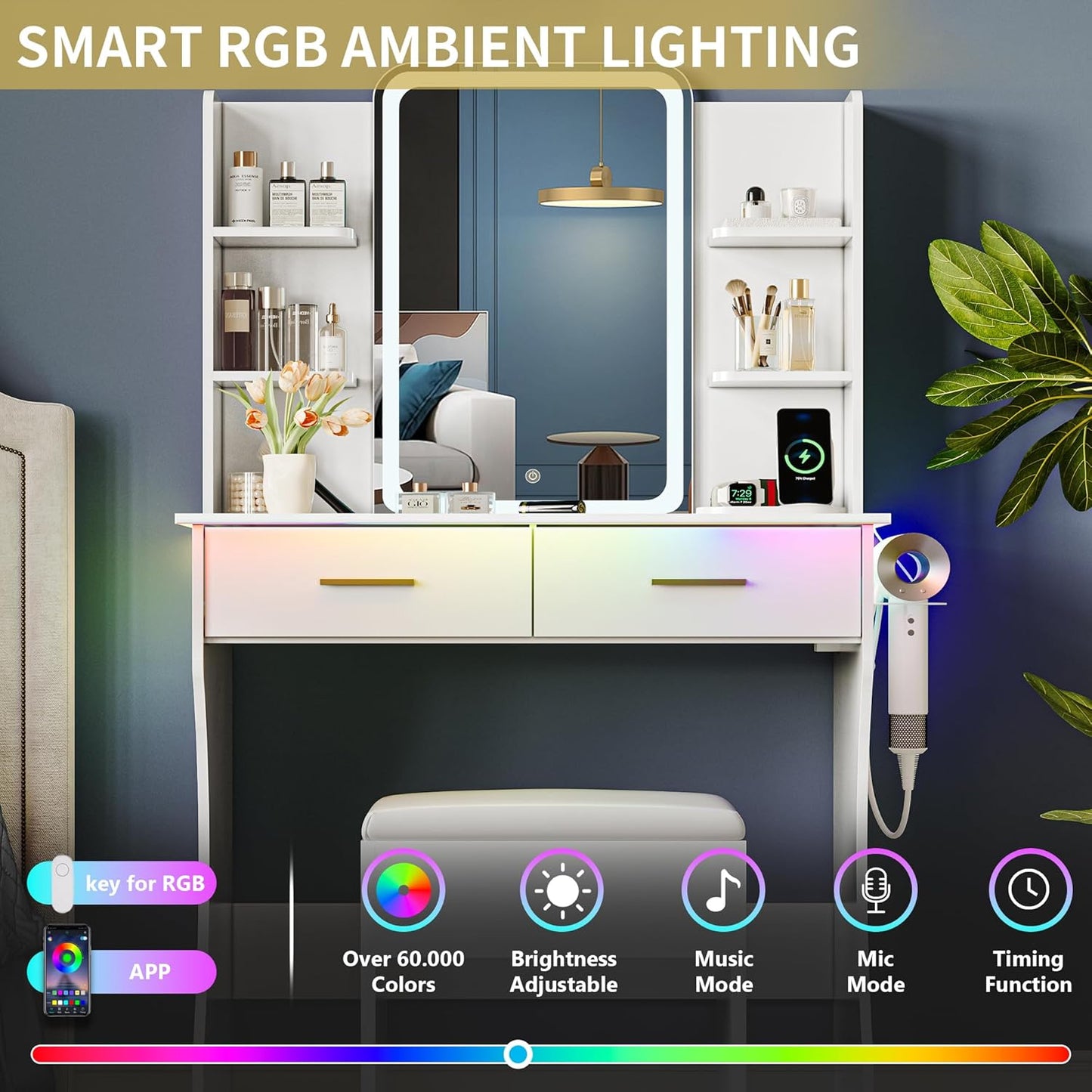 Vanity Desk with LED Lights Mirror - Canva Home