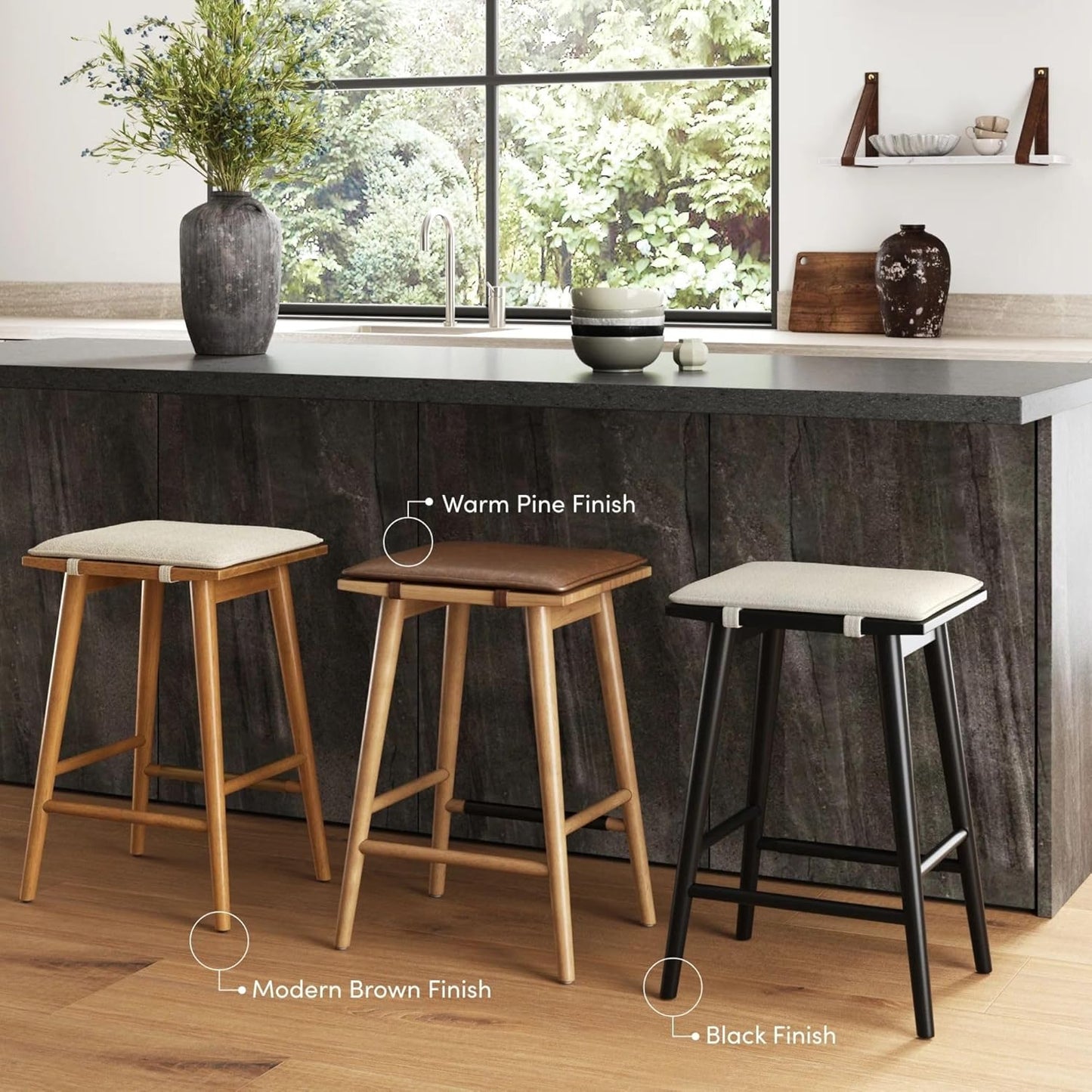 Wood Barstool with Leather Removable Cushion