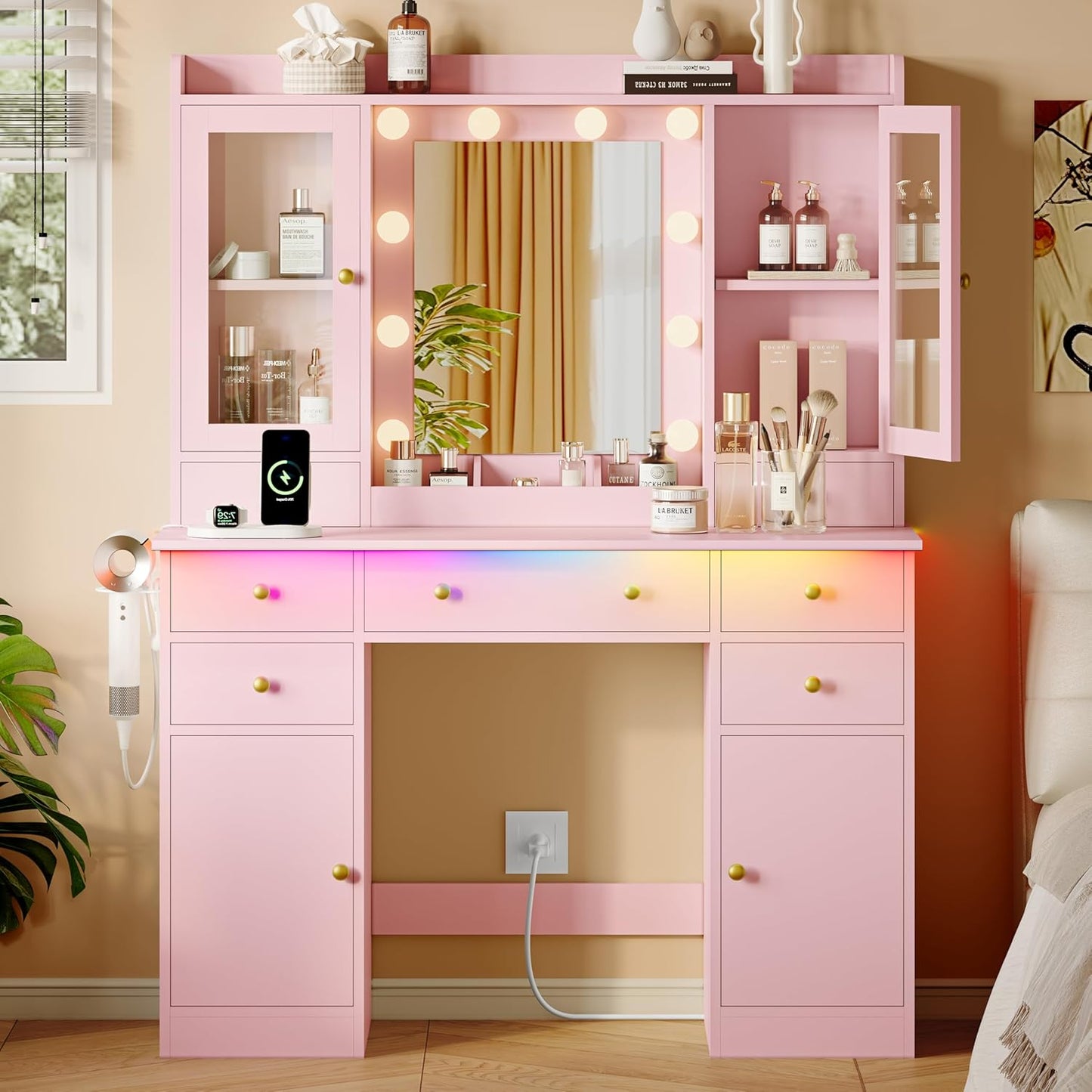 Pink Makeup Vanity Desk with Mirror and Lights - Canva Home