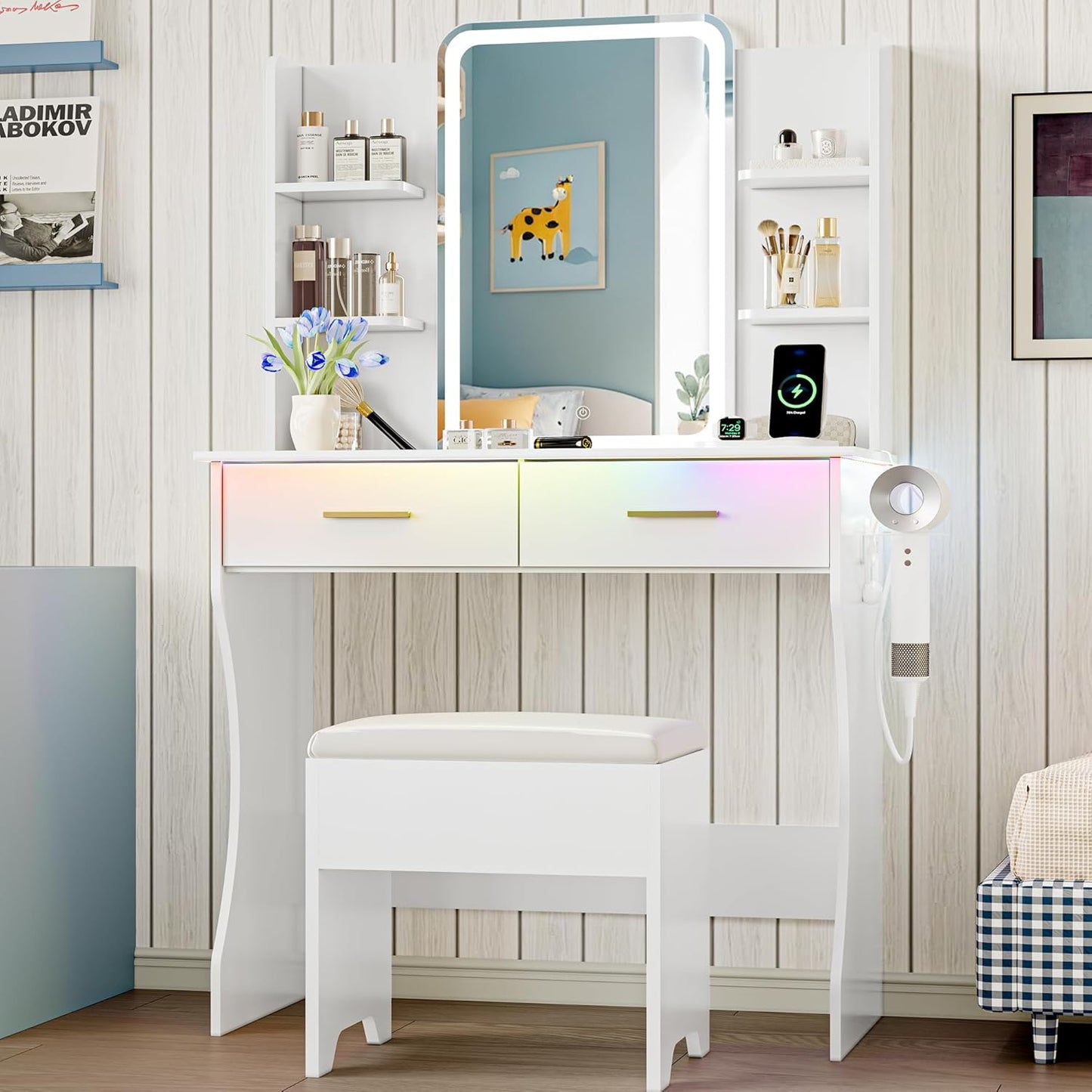 Vanity Desk with LED Lights Mirror - Canva Home