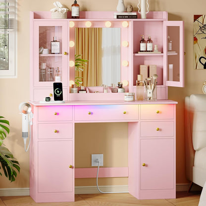 Pink Makeup Vanity Desk with Mirror and Lights - Canva Home