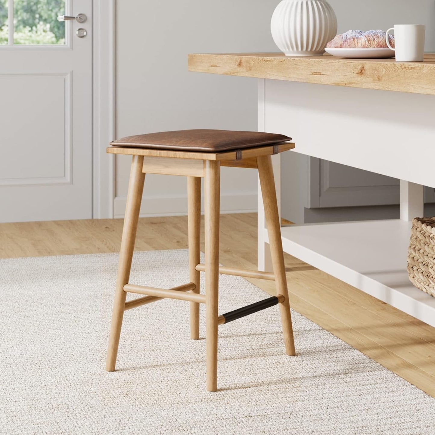 Wood Barstool with Leather Removable Cushion