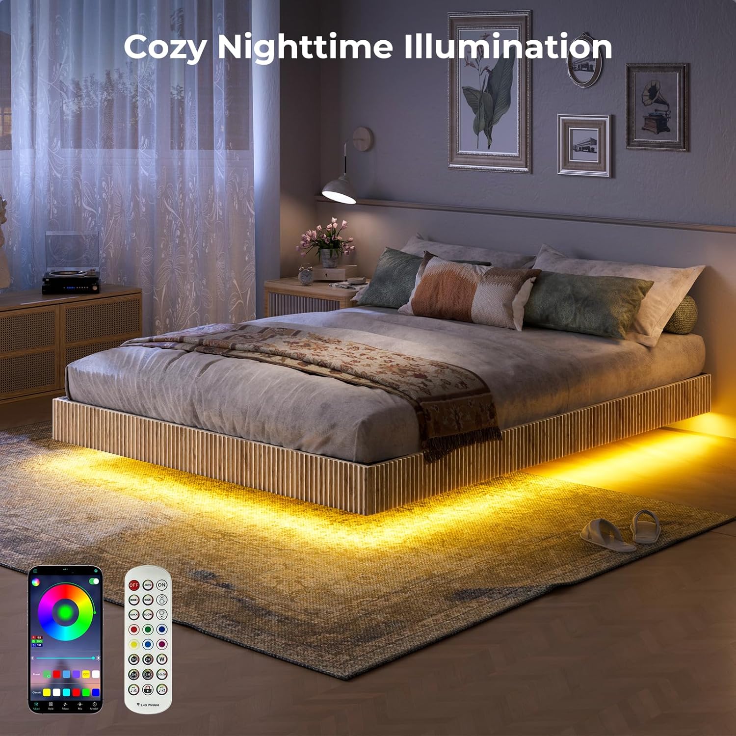 Floating Bed Frame Led Lights with 2 Nightstands - Canva Home