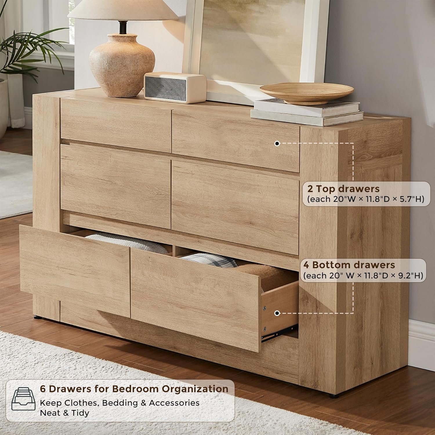 Modern 6 Drawers Dresser, 54” Wide Chest of Drawers with Handleless - Canva Home
