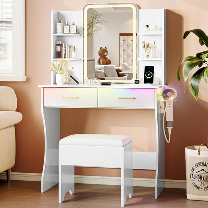 Vanity Desk with LED Lights Mirror - Canva Home