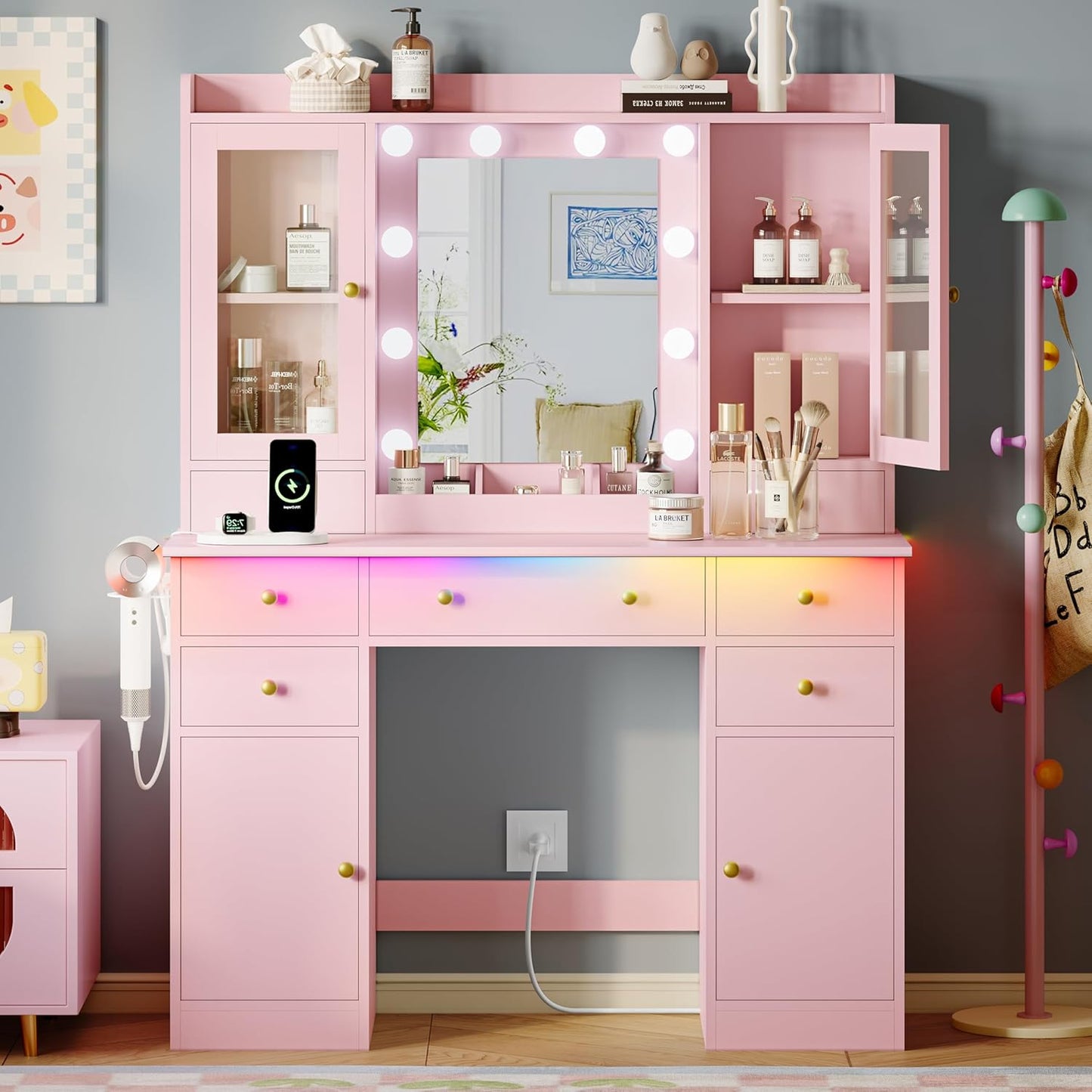 Pink Makeup Vanity Desk with Mirror and Lights - Canva Home