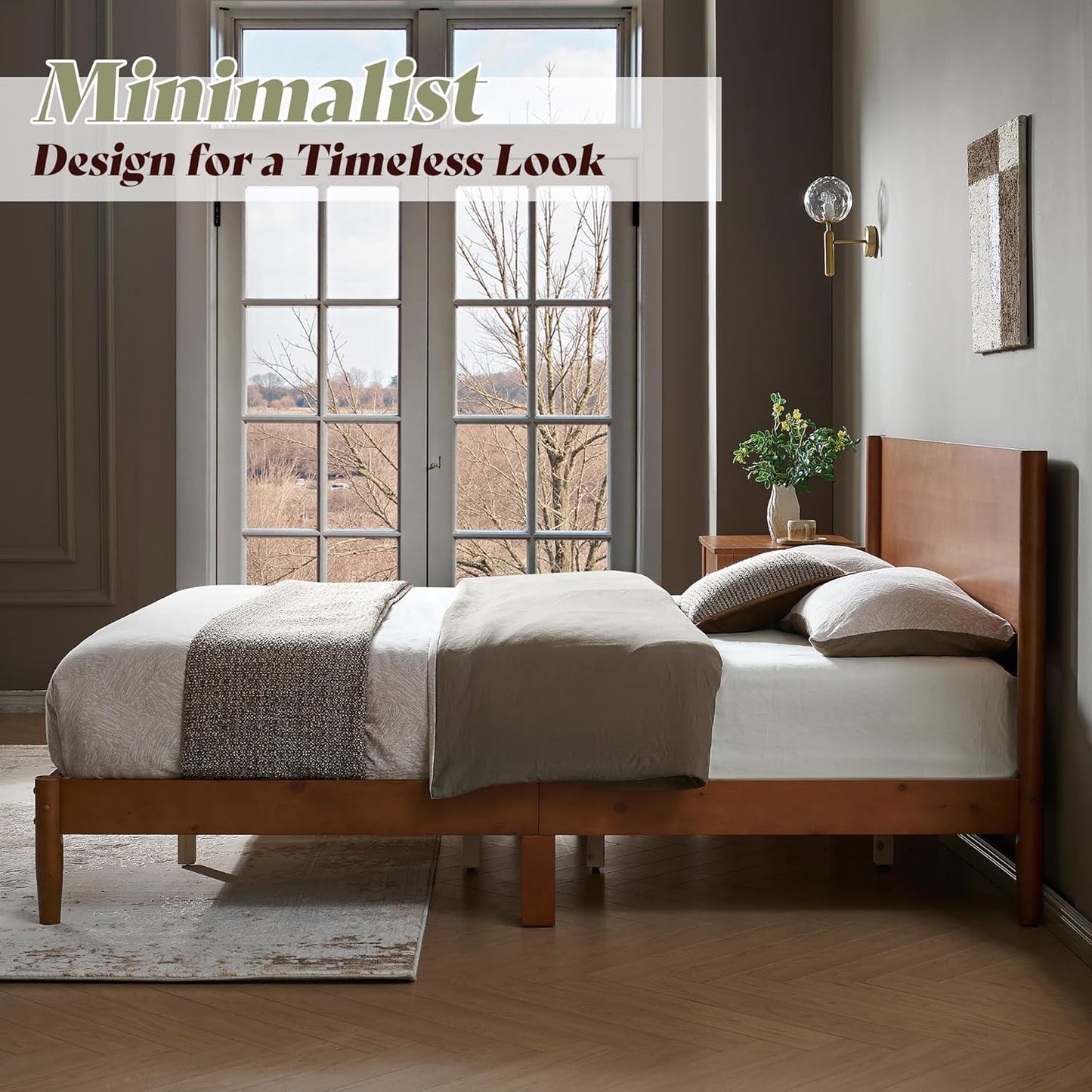 Solid Wood King Platform Bed with Headboard & 2 Nightstands