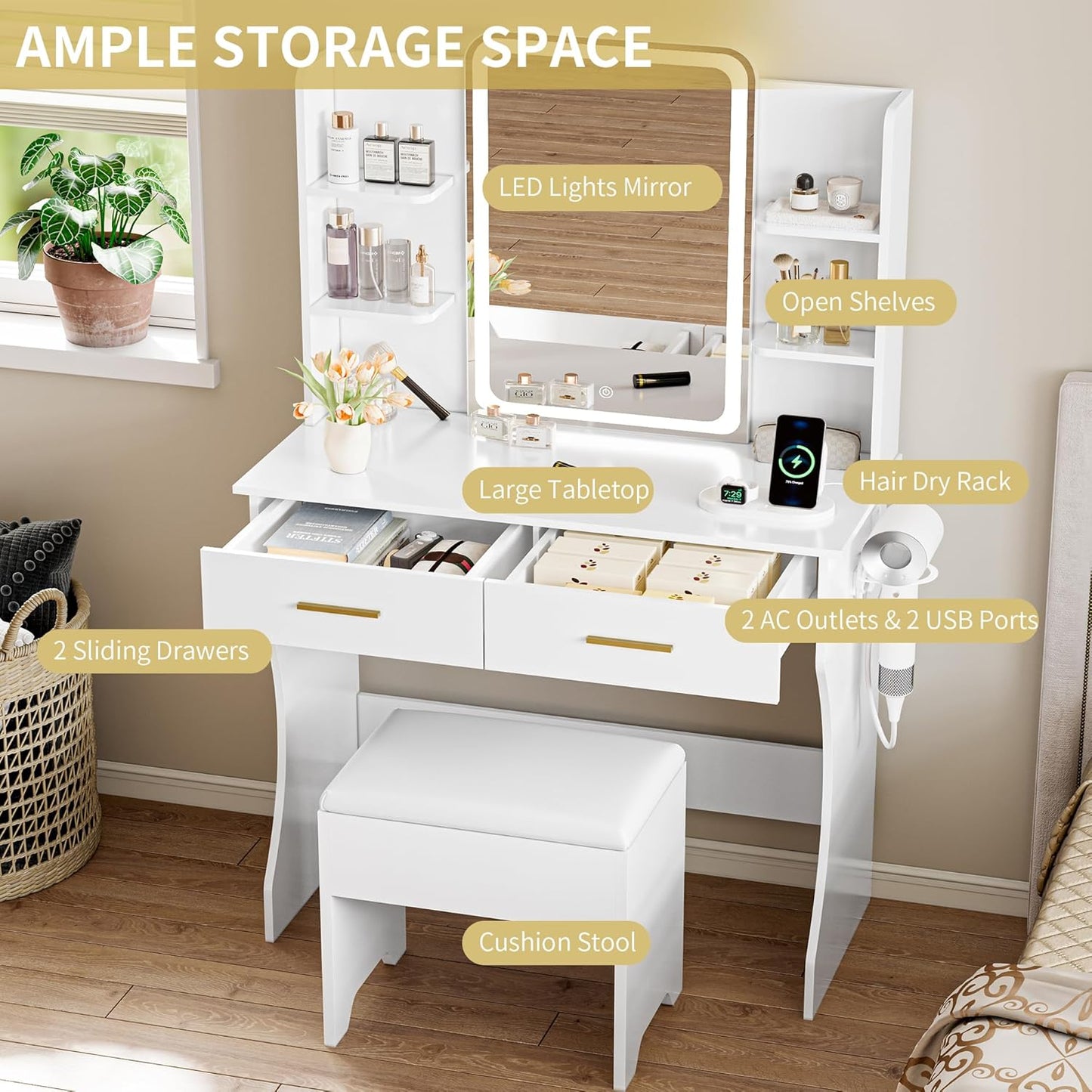Vanity Desk with LED Lights Mirror - Canva Home